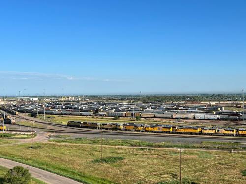 A wide view of a train yard with multiple freight trains and a clear blue sky in the background.