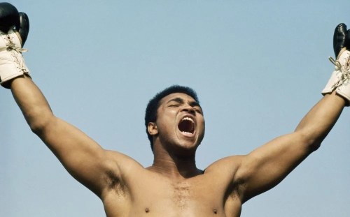 A shirtless boxer raises his arms in victory, wearing boxing gloves and shouting against a clear blue sky.
