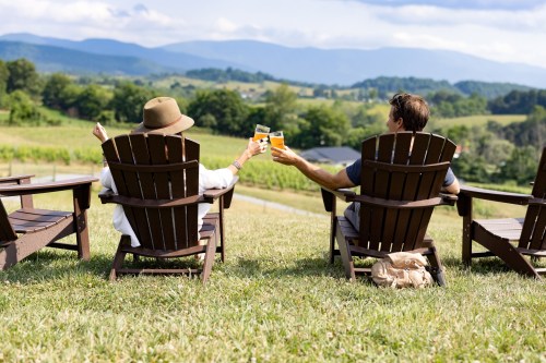 Two people clink glasses while sitting in wooden chairs, enjoying a scenic view of mountains and vineyards.