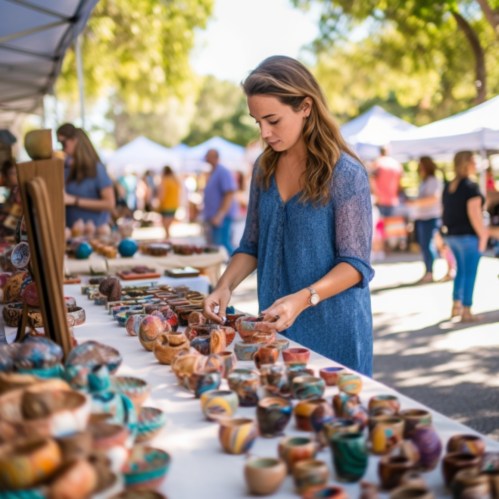 A woman inspects colorful pottery at a bustling outdoor market, surrounded by vendors and shoppers.