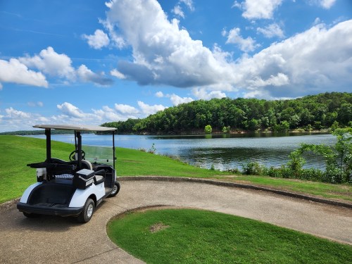 A golf cart parked near a serene lake, surrounded by lush greenery and a partly cloudy sky.