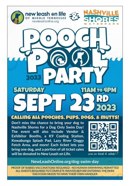 A flyer for the Pooch Pool Party at Nashville Shores on Sept 23, 2023, featuring dog activities and vendor booths.