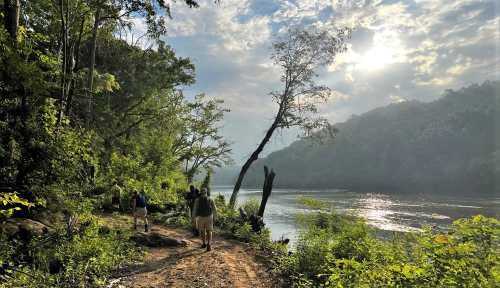 A serene riverside scene with hikers walking along a path surrounded by lush greenery and a misty sky.