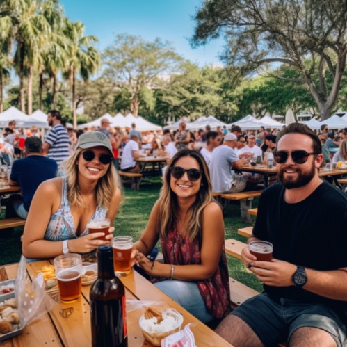 A group of three friends enjoying drinks at an outdoor festival with a lively crowd and food stalls in the background.