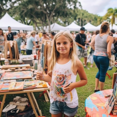 A young girl with long blonde hair holds a paintbrush, surrounded by a busy outdoor art fair.