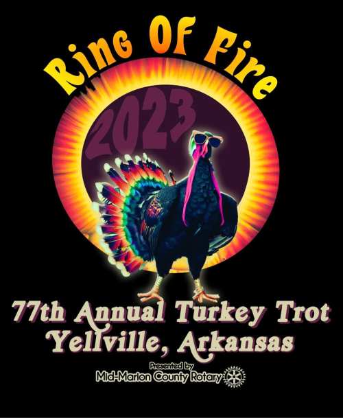 Colorful poster for the 77th Annual Turkey Trot in Yellville, Arkansas, featuring a turkey wearing sunglasses.
