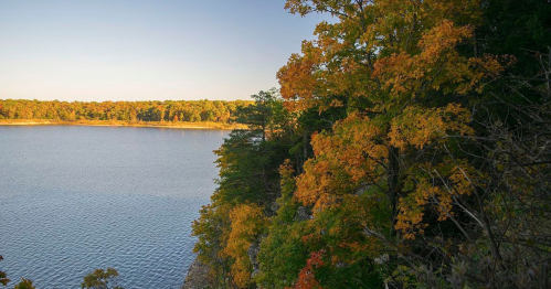 A serene lake surrounded by trees with vibrant autumn foliage under a clear sky.