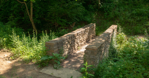 A small stone bridge surrounded by lush greenery and trees in a natural setting.