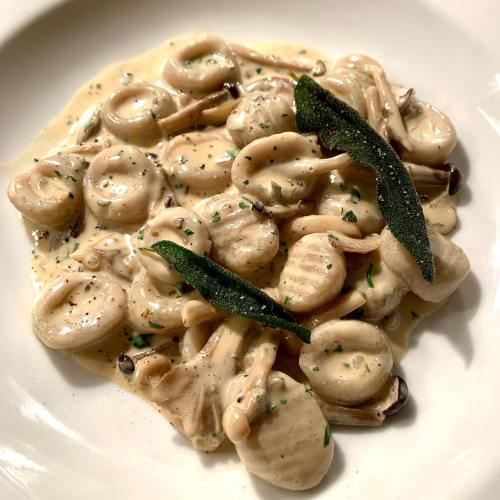 Creamy pasta dish with orecchiette, mushrooms, and crispy sage leaves, garnished with herbs on a white plate.