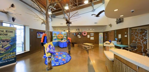 Bright indoor space with trees, educational displays, and colorful decor, featuring a children's activity area.
