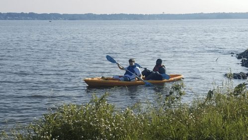 Two people in a kayak paddling on a calm lake, surrounded by greenery and a clear sky.