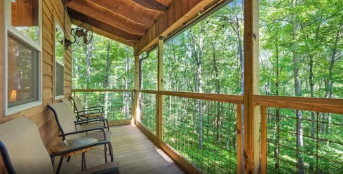 A wooden porch with chairs overlooks a lush green forest, surrounded by trees and natural light.