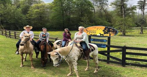 Four people on horseback pose in front of a sign for "Splendor Farms" in a green, wooded area.