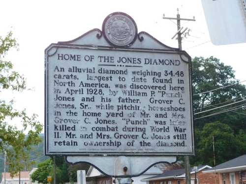 Historical marker about the Jones Diamond, discovered in 1928, weighing 34.48 carats, in honor of Grover C. Jones Sr.