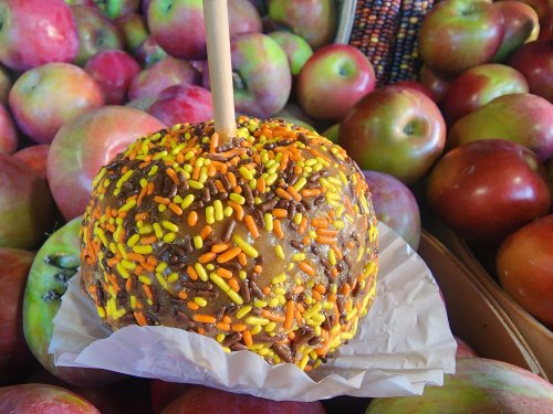 A caramel apple coated in orange and yellow sprinkles, resting on a paper wrapper, surrounded by fresh apples.