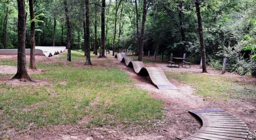 A winding wooden path through a forested area, with picnic tables and a smooth surface in the background.