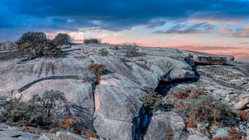 A rocky landscape with scattered trees under a colorful sky at sunset.