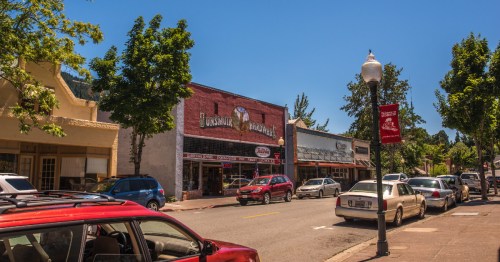 A sunny street scene featuring shops, trees, and parked cars in a small town.