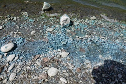 A rocky riverbank with blue stones and pebbles scattered along the water's edge.
