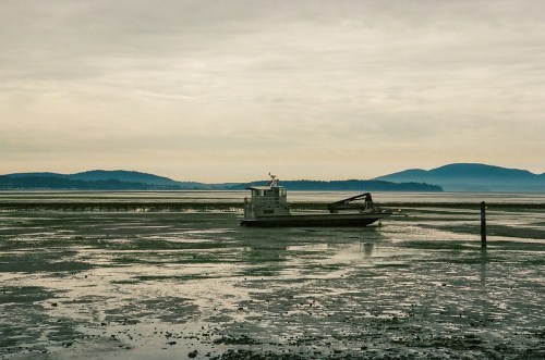 A boat on a calm, muddy shoreline with distant mountains under a cloudy sky.