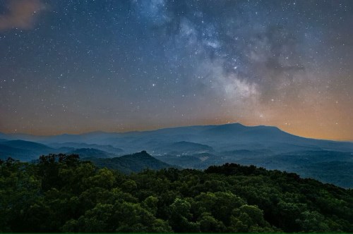 A serene night landscape featuring mountains under a starry sky, with the Milky Way visible above.