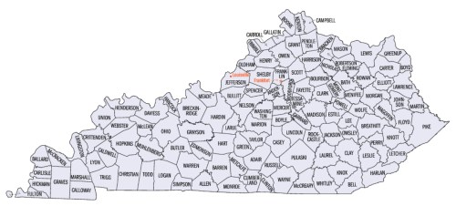Map of Kentucky showing counties in gray, with Louisville and Frankfort highlighted in orange.