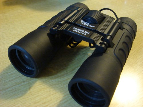 A pair of black binoculars resting on a wooden surface, labeled "10x25 DH FIELD."