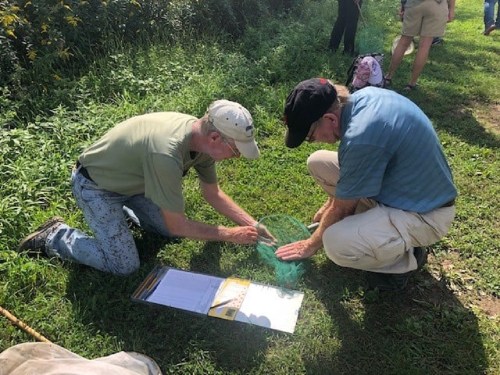 Two people kneel on grass, working together with a green net and clipboard in a natural outdoor setting.