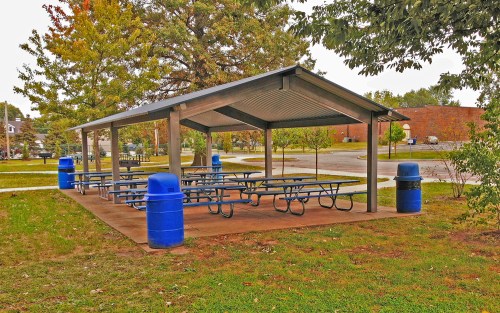 A covered picnic area with blue trash cans and several tables in a grassy park setting.
