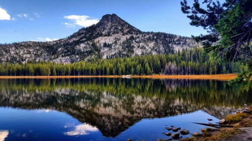 A serene lake reflects a mountain and forest under a clear blue sky, creating a tranquil natural scene.