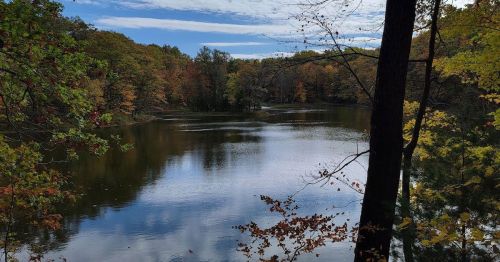 A serene lake surrounded by autumn trees, reflecting the sky and colorful foliage.