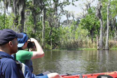 Two people in kayaks on a calm waterway, one taking photos of the lush green surroundings and trees.