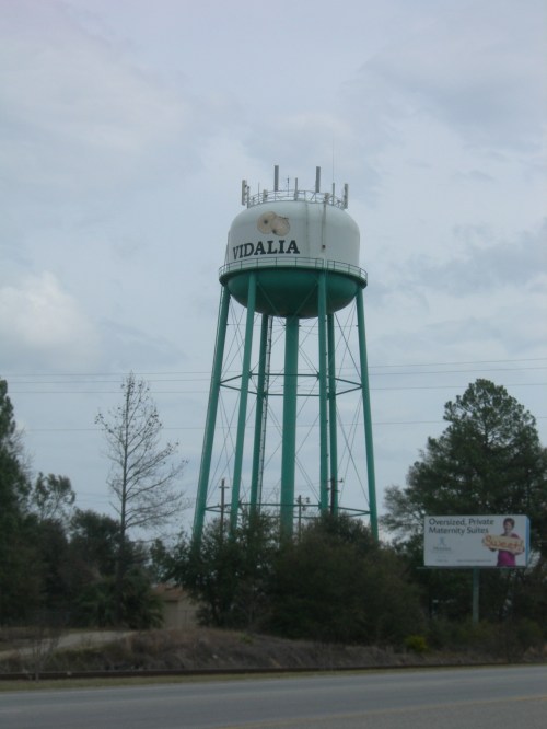 A tall water tower labeled "Vidalia" stands beside a road, surrounded by trees and a billboard in the background.