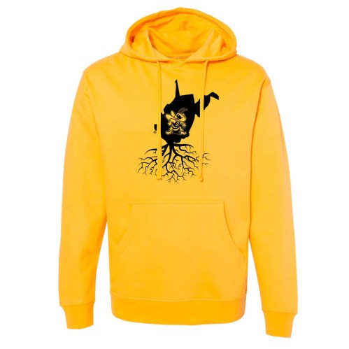 A bright yellow hoodie featuring a black graphic of a cat with roots extending from it.