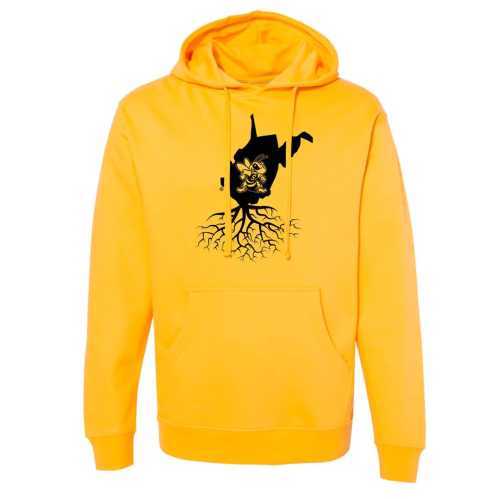 A bright yellow hoodie featuring a black graphic of a cat with roots extending from it.