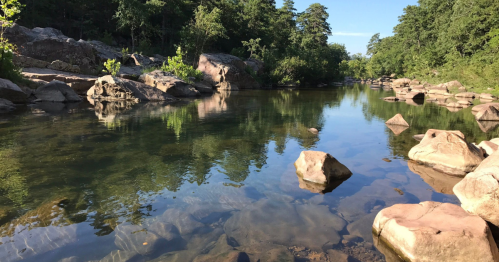 A serene river scene with clear water reflecting trees and rocks along the banks, surrounded by lush greenery.