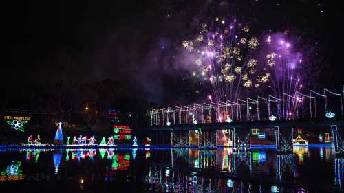 Colorful holiday lights decorate a bridge and waterfront, with fireworks illuminating the night sky above.