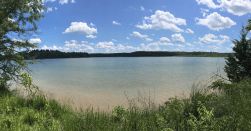 A serene lake surrounded by greenery under a bright blue sky with fluffy white clouds.