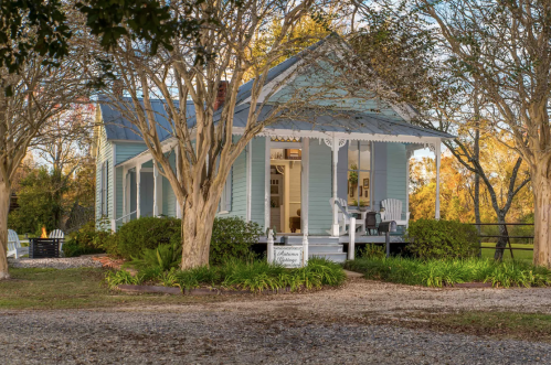 A charming blue house with a porch, surrounded by trees and greenery, set in a peaceful outdoor environment.