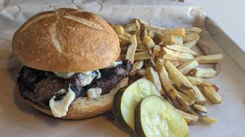 A juicy burger with blue cheese on a bun, served with crispy fries and pickles on the side.