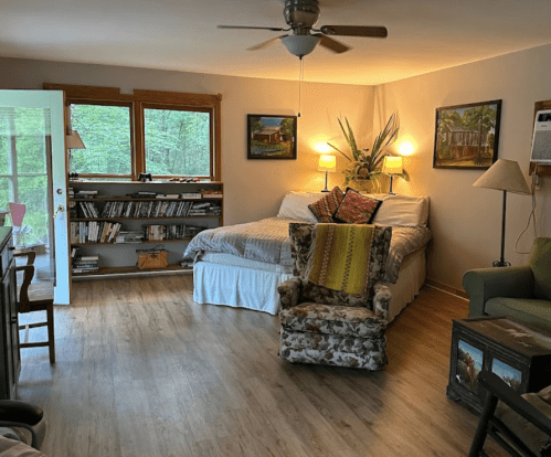 Cozy room with a bed, armchair, bookshelf, and green couch, featuring warm lighting and nature-themed artwork.