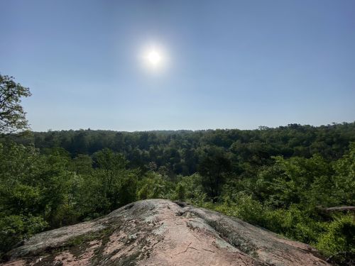 A sunlit view from a rocky outcrop overlooking a lush green forest under a clear blue sky.