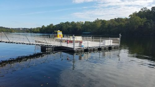 A floating dock on calm water, surrounded by trees and a clear blue sky.