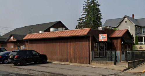 A wooden building with a metal roof, featuring a sign that reads "Store," parked cars in front, and nearby houses.