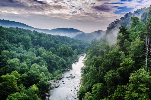 A serene river flows through lush green mountains, shrouded in mist under a cloudy sky.