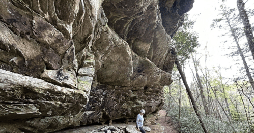 A person stands near a large rock formation in a wooded area, surrounded by trees and natural scenery.