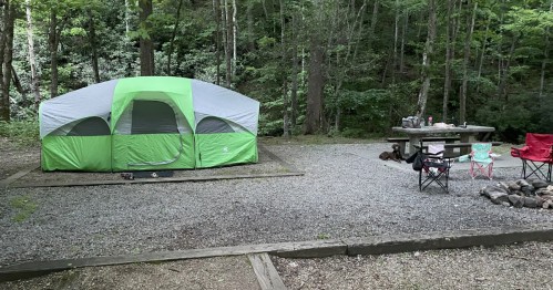 A green and gray tent set up in a wooded campsite, with a picnic table and chairs nearby on a gravel surface.