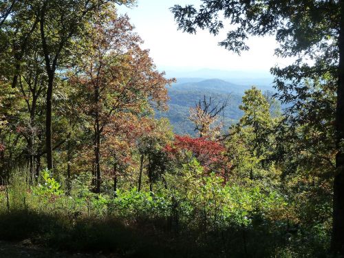 A scenic view of colorful autumn trees overlooking rolling hills and distant mountains under a clear sky.