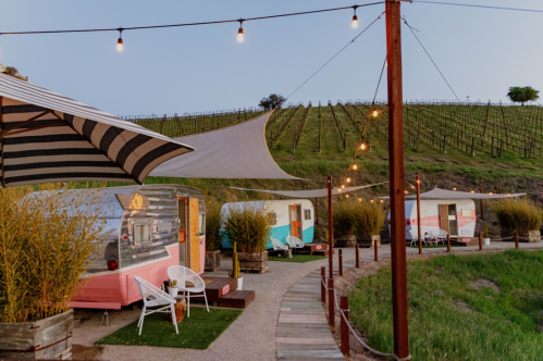 Colorful vintage trailers lined up along a path, with string lights and a vineyard in the background at dusk.