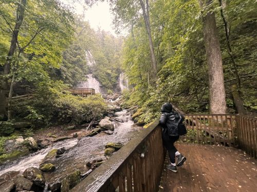 A person stands on a wooden deck by a stream, surrounded by lush greenery and a waterfall in the background.